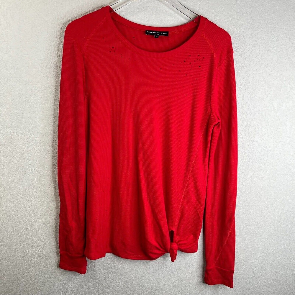 Generation Love Womens Red Long Sleeve‎ Shirt Size XS Distressed Holes Side Tie